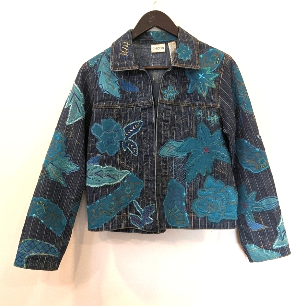 Chico's Denim Floral Applique Turquoise Jacket